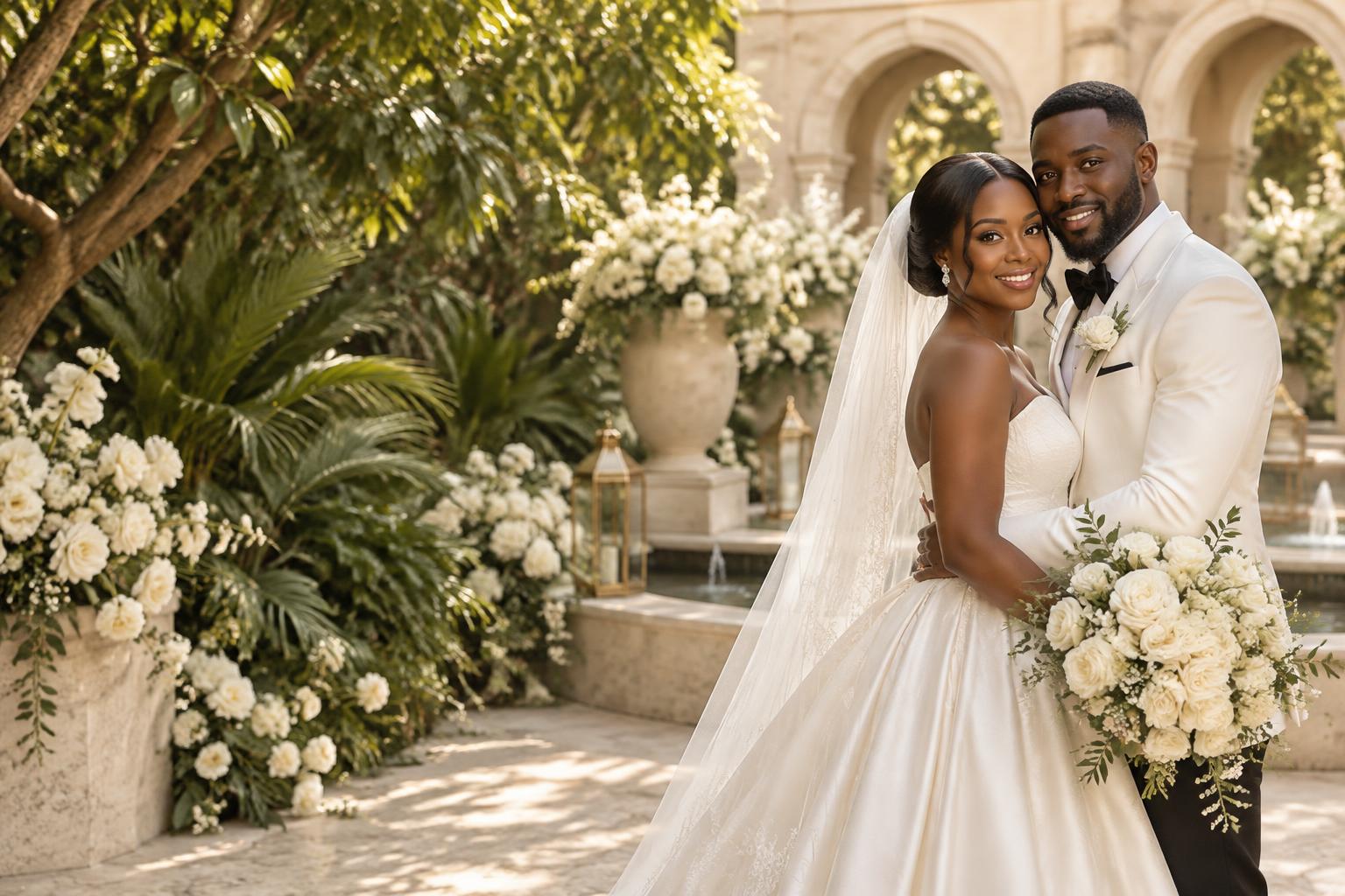 Evelyn and Desmond together among ivory florals in Accra